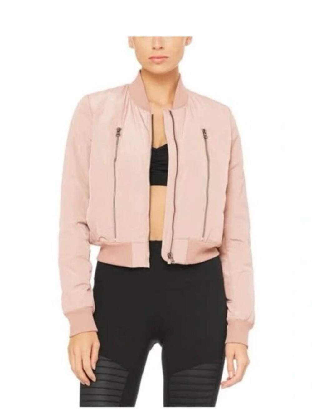 ALO Yoga Women's Light Beige Bomber Jacket with Vertical Zips - Picture 7 of 8